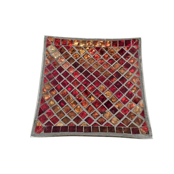 Yankee Candle Red Gold Mosaic Glass Square Decorative Dish UnderPlate 2012 - Picture 6 of 7